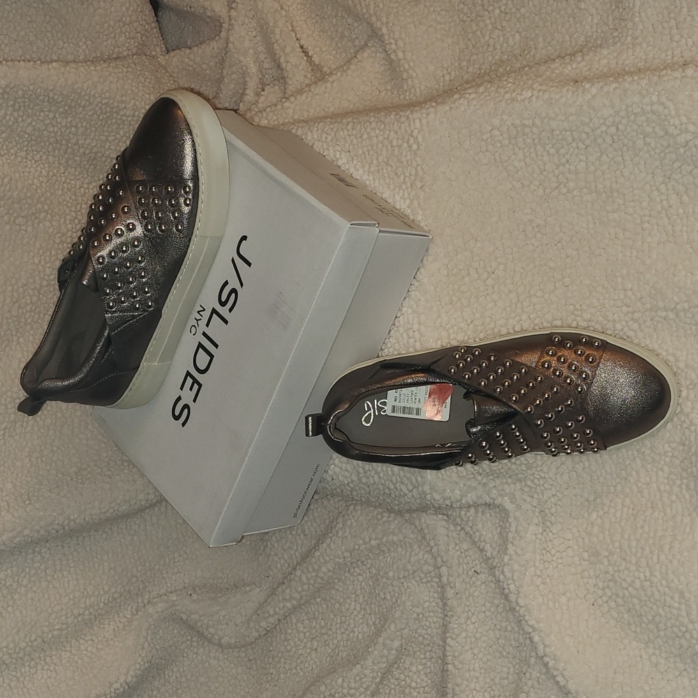 J Slides Arley leather studded pewter sneakers women's size 10 new in box